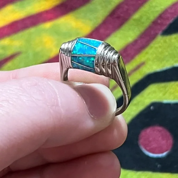 VTG Blue Fire Opal Inlay Sterling Silver 925 Artisan Made Size 8 3/4 Ring - Picture 1 of 6